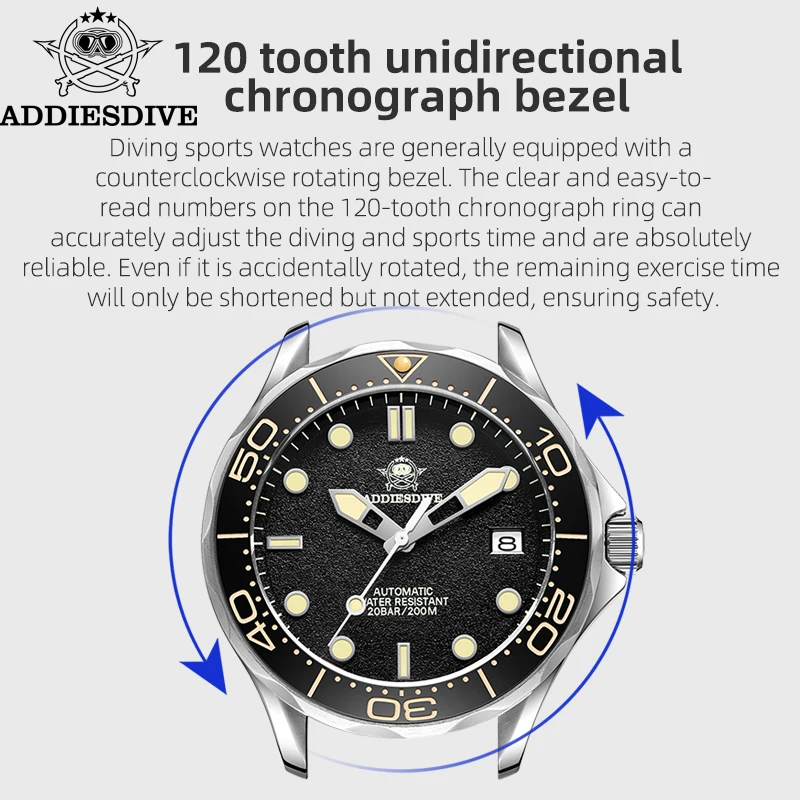 ADDIESDIVE Men Luxury Watch C3 Super Luminous NH35 Sapphire Crystal Reloj Hombre 200m Diving Automatic Mechanical Watches