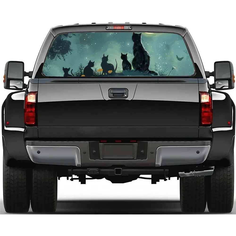 

Curious Black Cat Under The Starry Sky Patterns Car Rear Windshield Sticker Truck Window See Through Perforated Back Window Viny