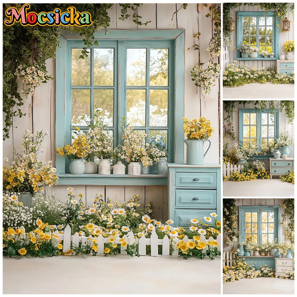 

Mocsicka Farmhouse Photography Backdrop Window Yellow Daisy Flowers Garden Cottage Background Wedding Bridal Shower Studio Props