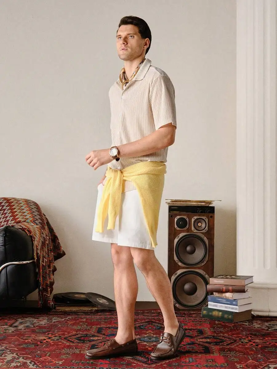 

Mens Casual Solid White Straight Leg Shorts With Button Pocket Zipper