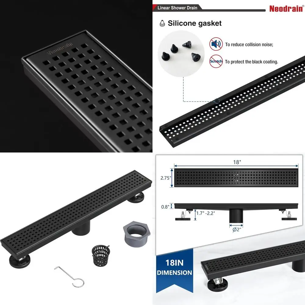 Sifone doccia lineare nero opaco da 18 pollici con griglia rimovibile, in acciaio inox 304, piedini livellanti, filtro per capelli