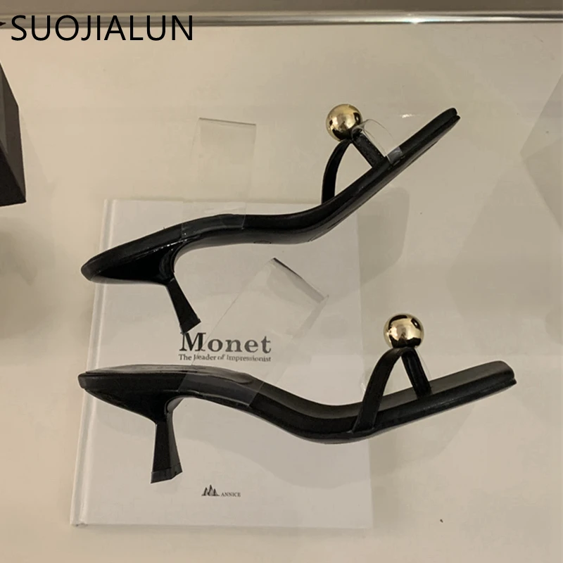 SUOJIALUN Summer New Brand Women Slipper Fashion Gold Buckle Ladies Elegnat Slides Thin High Heel Outdoor Dress Vaction Sandal