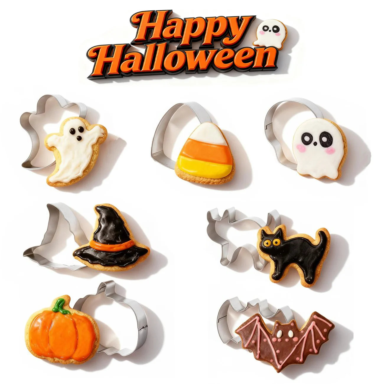 7PCS Halloween Cookie Cutter Set, Food Grade Stainless Steel, Pumpkin Ghost Bat Skull Molds, Smooth Edges, For Home DIY Baking