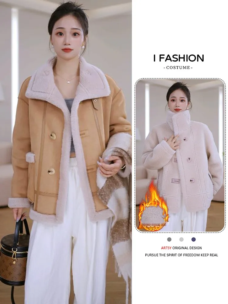 

Korean Sle Commuter Thiened ort Jaet Women's Winter Coat Warm Fluffy Lapel Button up Casual Faion Outerwear