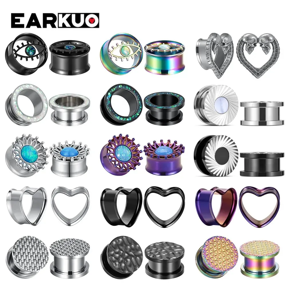 EARKUO Unique Stainless Steel Eye Opal Roman Numeral Heart Ear Tunnels Gauges Body Piercing Jewelry Earring Plugs Expanders 2PCS