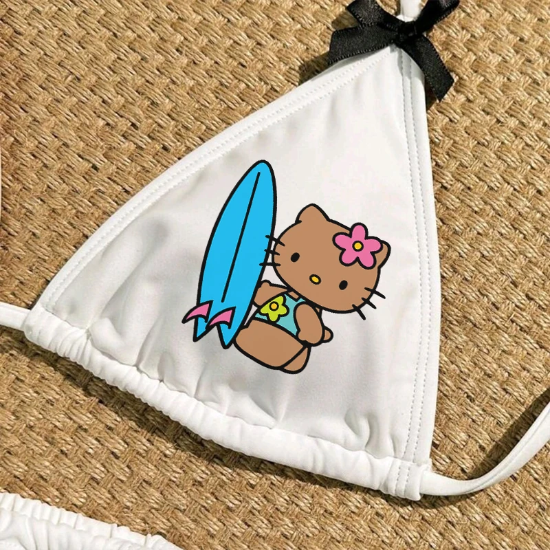 2024 ciemna skóra czarna melodia melodia Hello Kitty Cute Anime Cartoon Y2k kobiety Halter strój kąpielowy z kokardą zestaw Bikini hawajska plaża