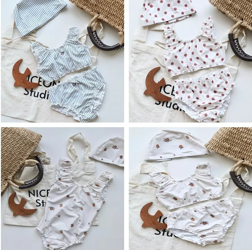 1-9Y Girl  Swimsuit Fashion Girl Printed Two Pieces Swimsuit Striped Toddler Swimming Suit Monokini Beach Outfit Bathing Suit