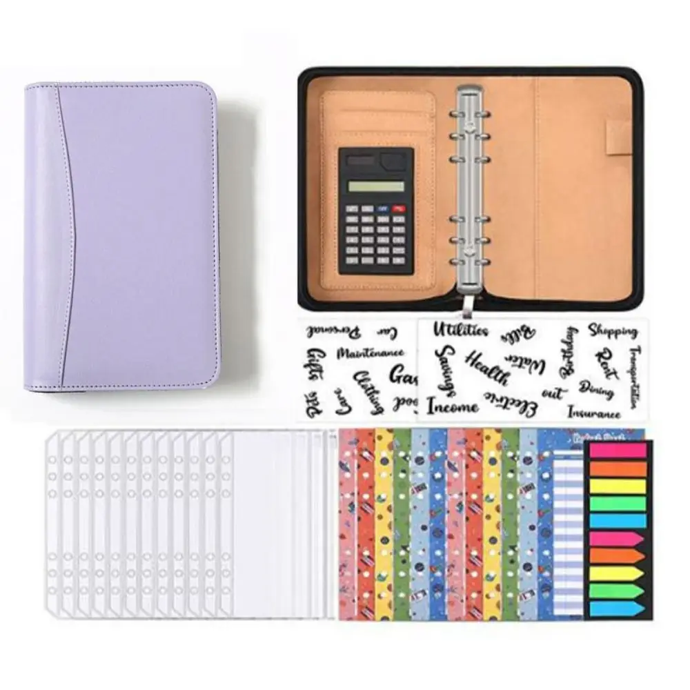 6-Ring File Folder A6 PU Leather Work Record Book Card Holder Zippered Closure Loose Leaf Notebook Office Supplies