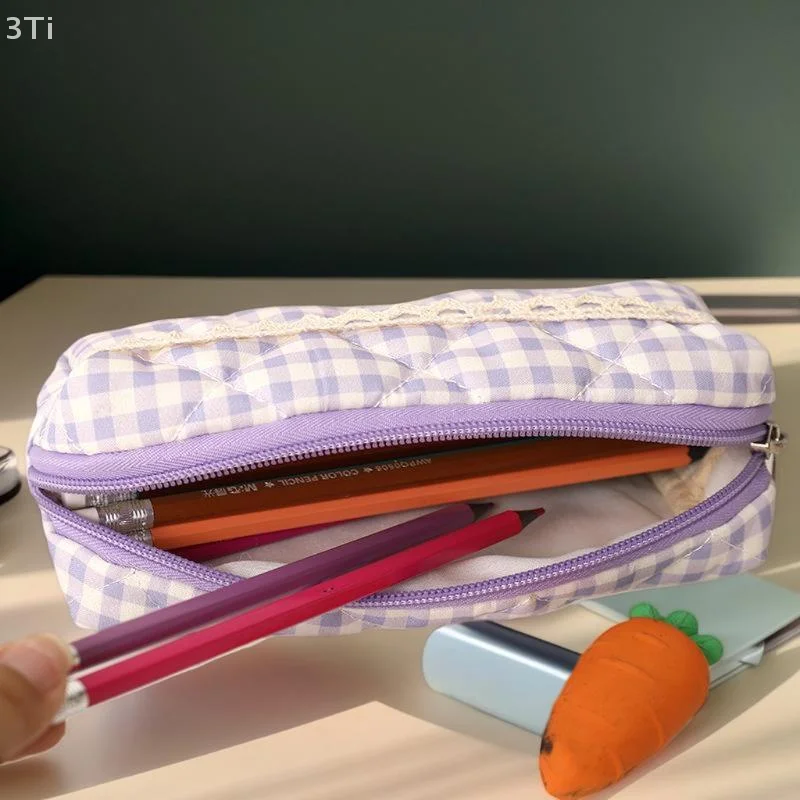 Girlish Cosmetic Bag Gift, Large Capacity, Portable and Lightweight, Plaid Lace Pencil Case, Simple School Supplies Storage Bag