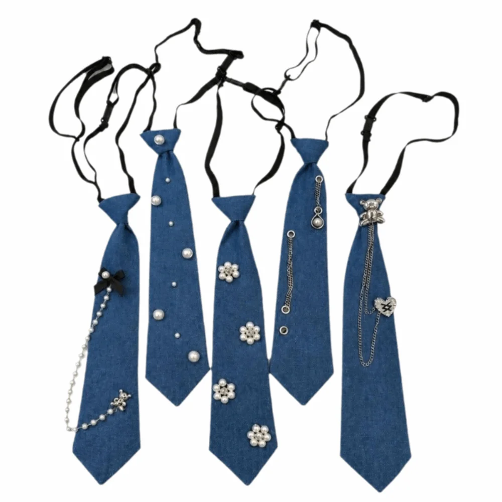 Cowboy Style Denim Pre Tied Necktie with Tassel Adjustable Costume JK Tie‌ Jewelry Accessories Beaded Denim Chain Necktie
