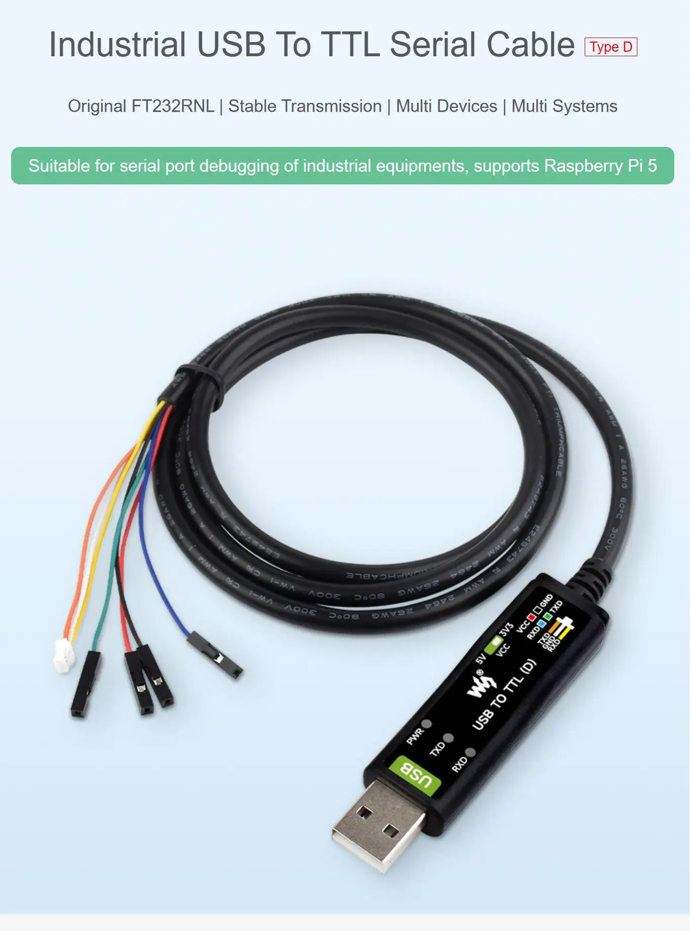 2 units Industrial USB TO TTL D Serial Cable 1m Original FT232RNL Chip Multi Protection Circuits, Multi Systems