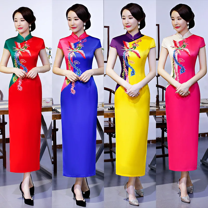 

Hot Sale Chinese Style Formal Dress Women Silk Satin Long Qipao Vintage Elegant Print Phoenix Cheongsam