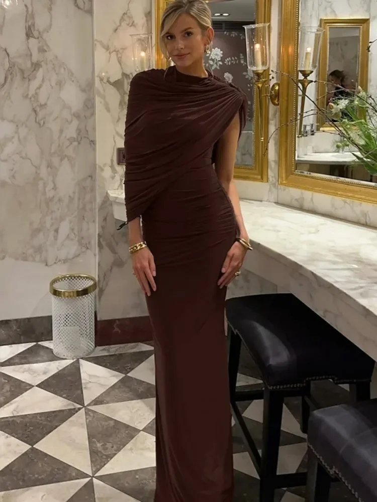 فستان ماكسي مثير غير منتظم مكشكش للنساء أنيق للخريف بكتف مائل مطوي للحفلات والنوادي فساتين طويلة للسيدات