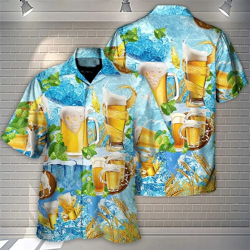 Cold In Summer Beer 3D Printed Shirts For Men Clothing Casual Hawaiian Drinking Party Beach Shirts Streetwear Y2k Blouses Tops