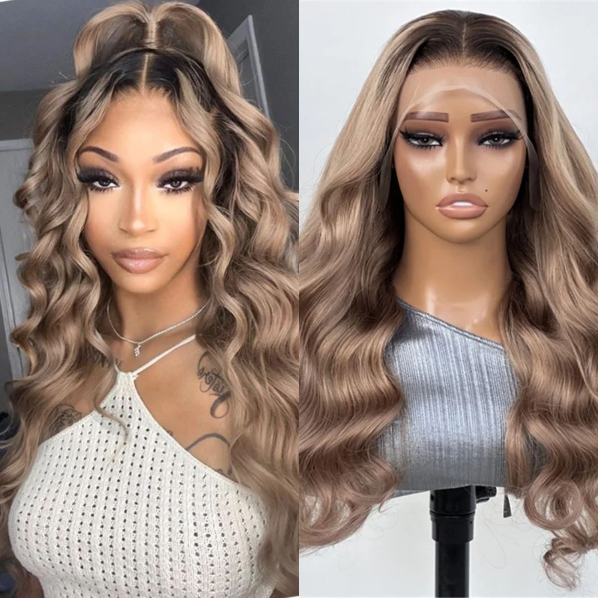 

Синтетический парик 24 дюйма, пепельно-русый с темными корнями, волнистый, омбре, с кружевной передней частью, натуральный, без клея, для женщин, маленький и большой размеры головы