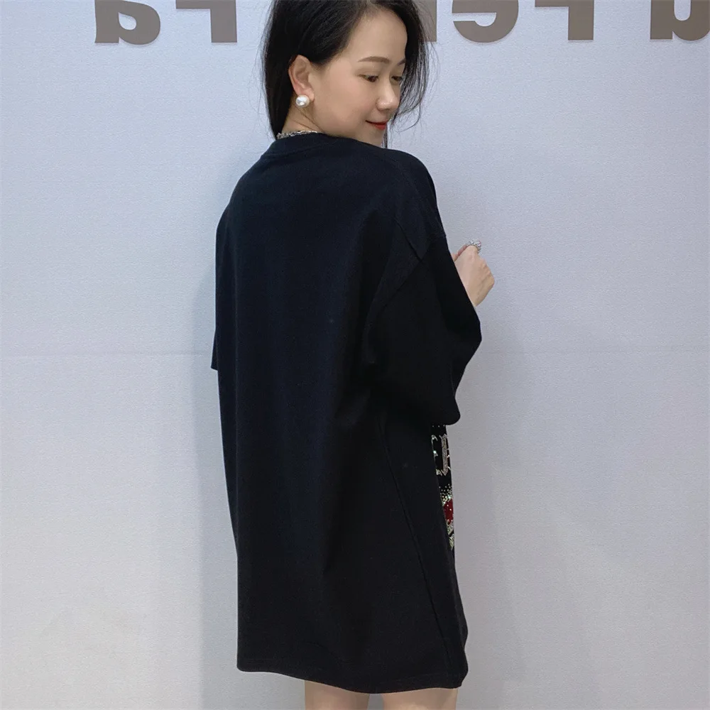 Fashion Crown Hot Drilling Knitted Tops Women Summer Loose Clothes High Elastic Casual Round Neck Short Sleeve T-shirts Female