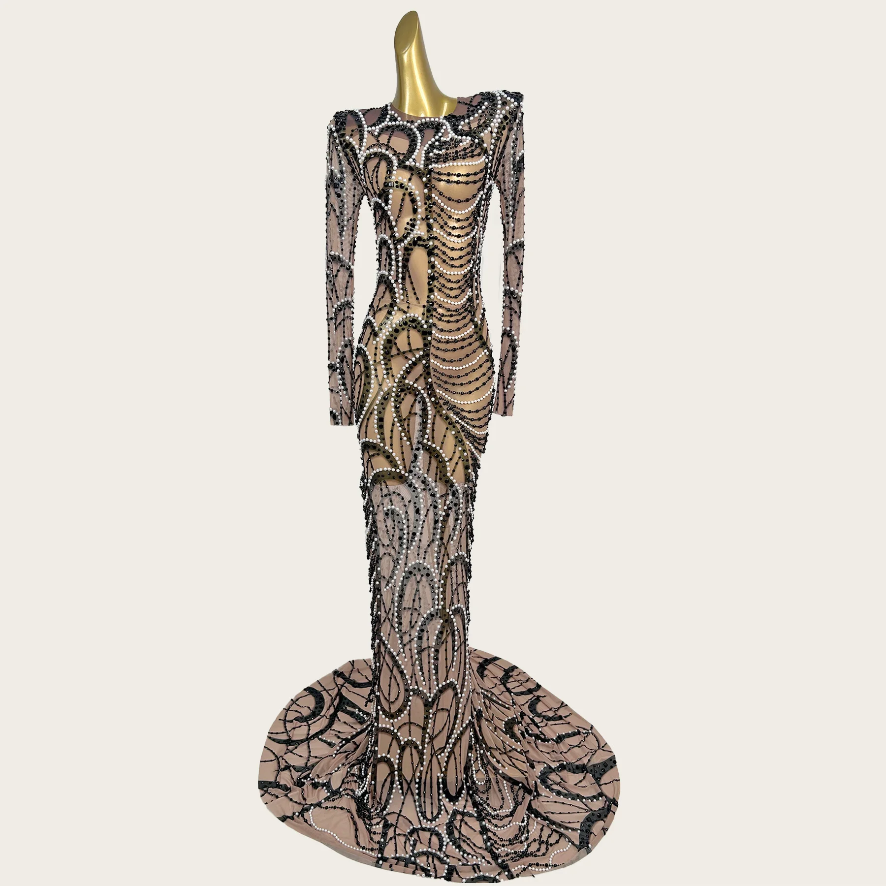 

Luxury Sparkly Crystals Pearls Tight Fitting Floor-length Dress Club Party Outfit Sexy Women Prom Elegant Mesh Event Gown Yueshi