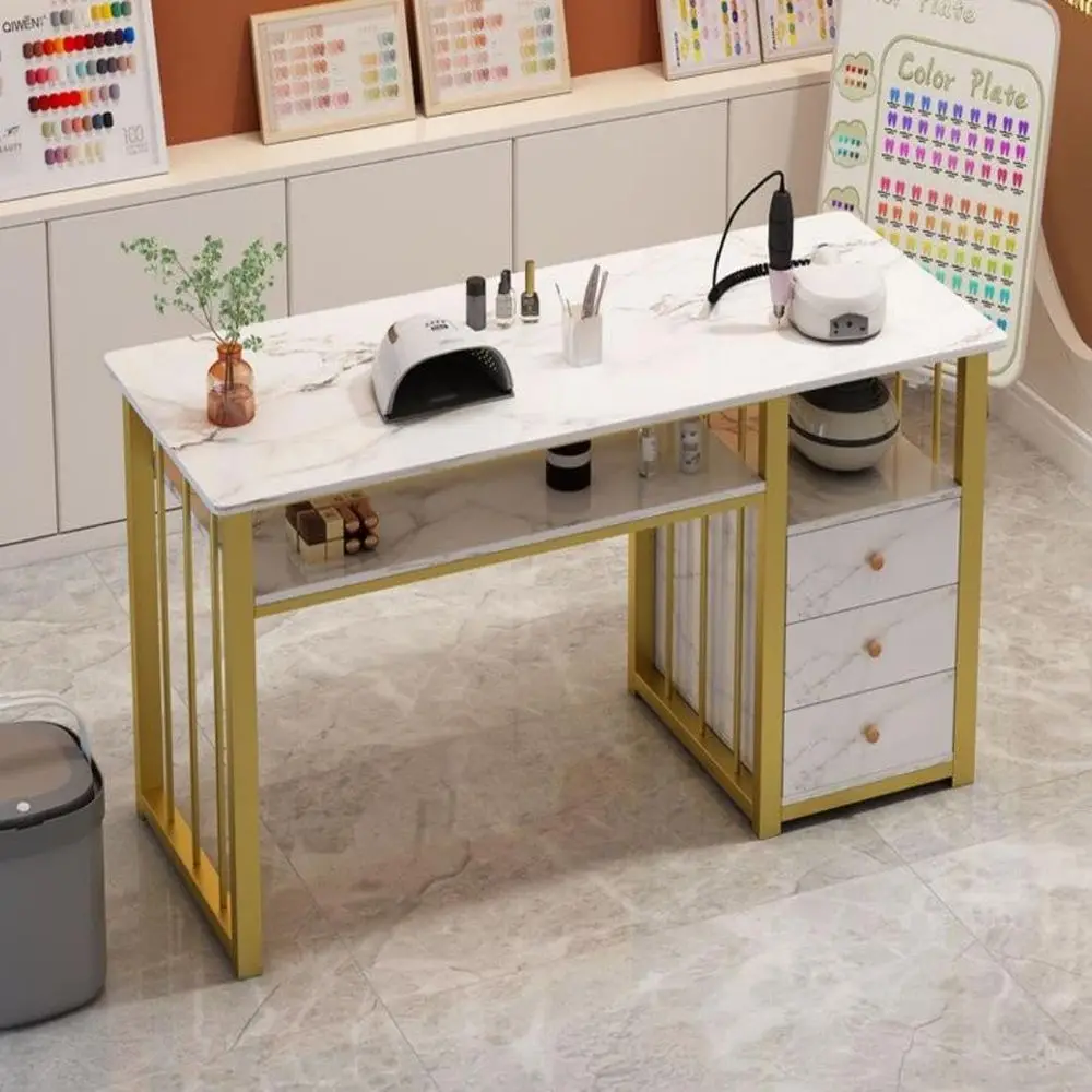 

Стол для маникюра с текстурой мрамора, 3 ящика, 39 дюймов, деревянный, белый, с золотистыми элементами, маникюрный стол-станция