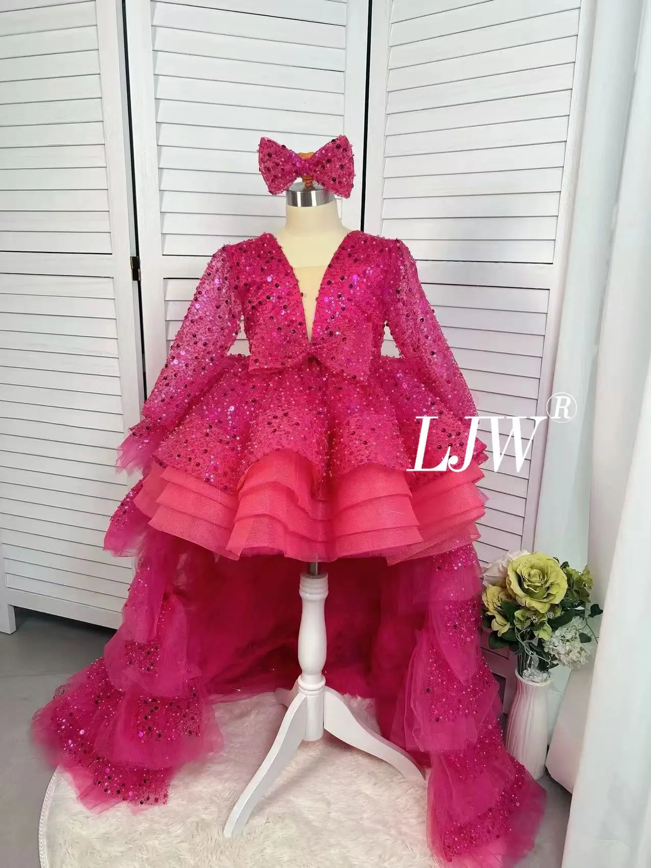 

Custom flower girl graduation gowns, beautiful puffy hot pink sequin and bow crepe dresses, elegant birthday PROM dresses with