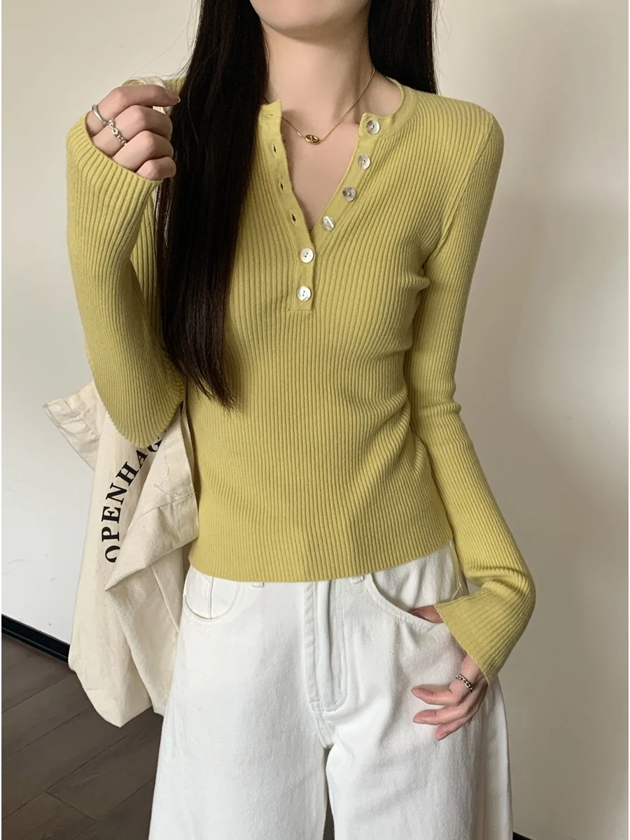 Korean Sle Slim Fit Knitted Sweater Women's Long Sve Button up Base Layer Top Ele White Design Autumn Winter Faion