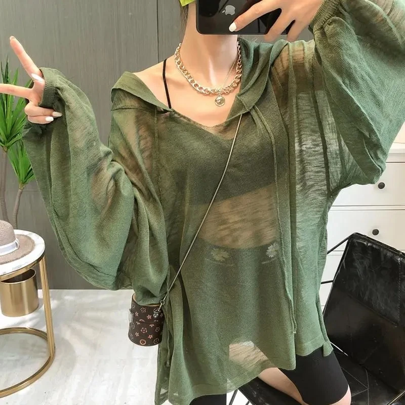 

Loose Summer Thin Hooded Sunscreen Jacket Fashionable Solid Color Women's Outdoor Casual Pullover Coats
