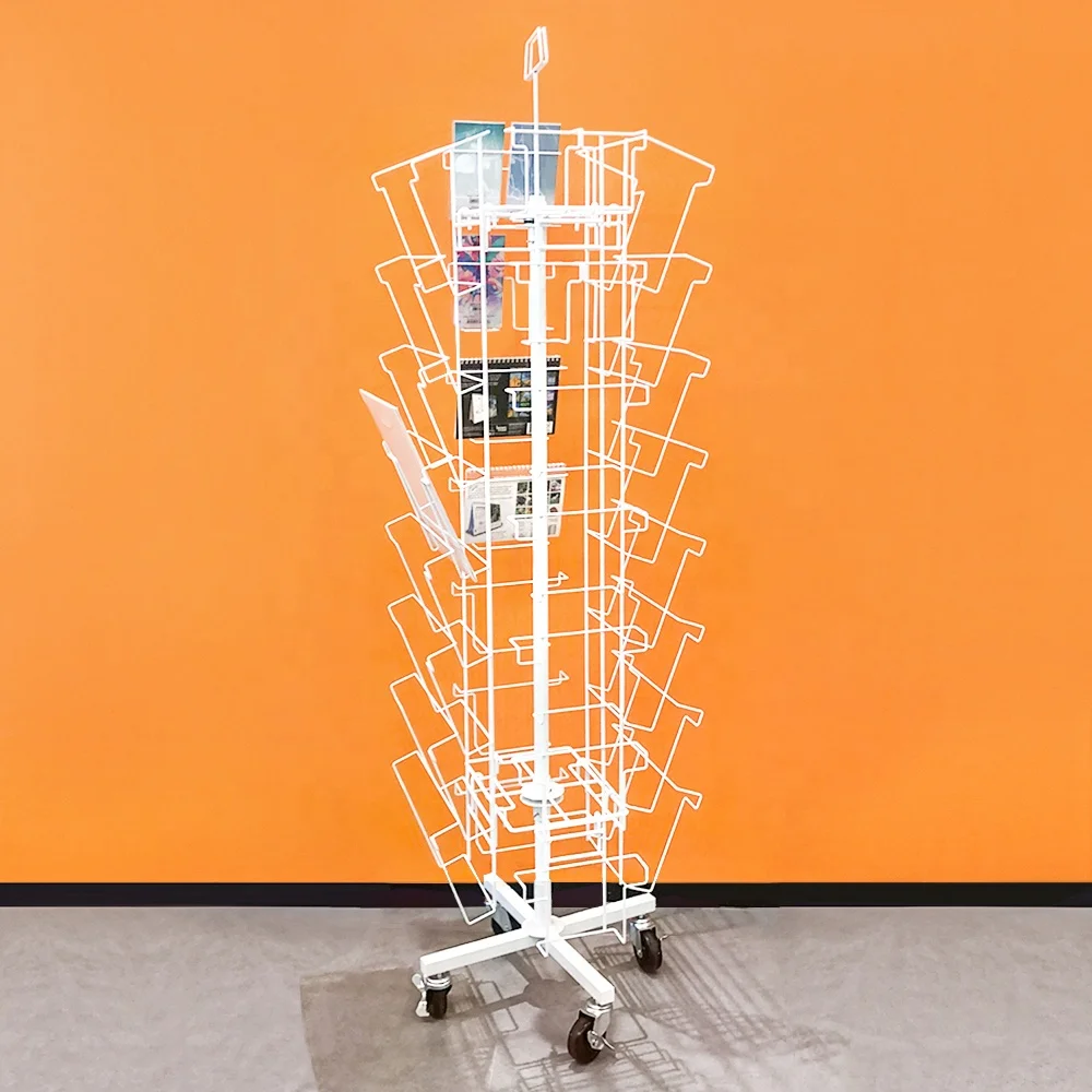 Metal Wire Pocket Floor Standing Commercial Postcard Comic Cd Dvd Book Greeting Card Display Rotating Rack