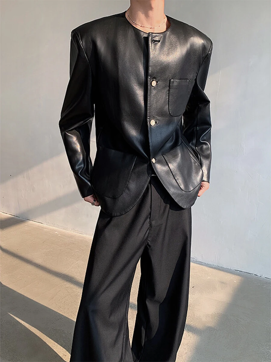 

Весенне-осеннее мужское джато из искусственной кожи свободного кроя с жемчужными пуговицами для похудения, модное повседневное пальто с воротником-стойкой Long Sve