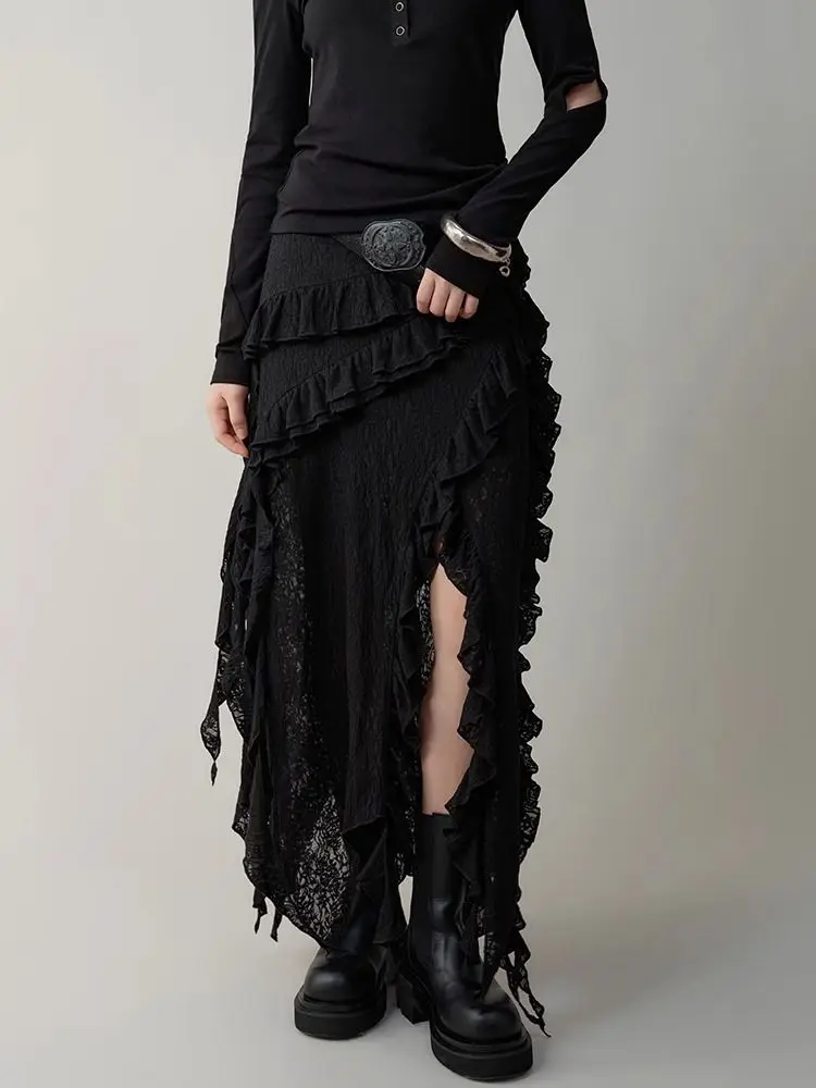 Deeptown Gothic Black Y2k Skirts Women Gyaru 2000s Lace Irregular Long White Skirt Streetwear Irregular Ruffle Skirts Aesthetic