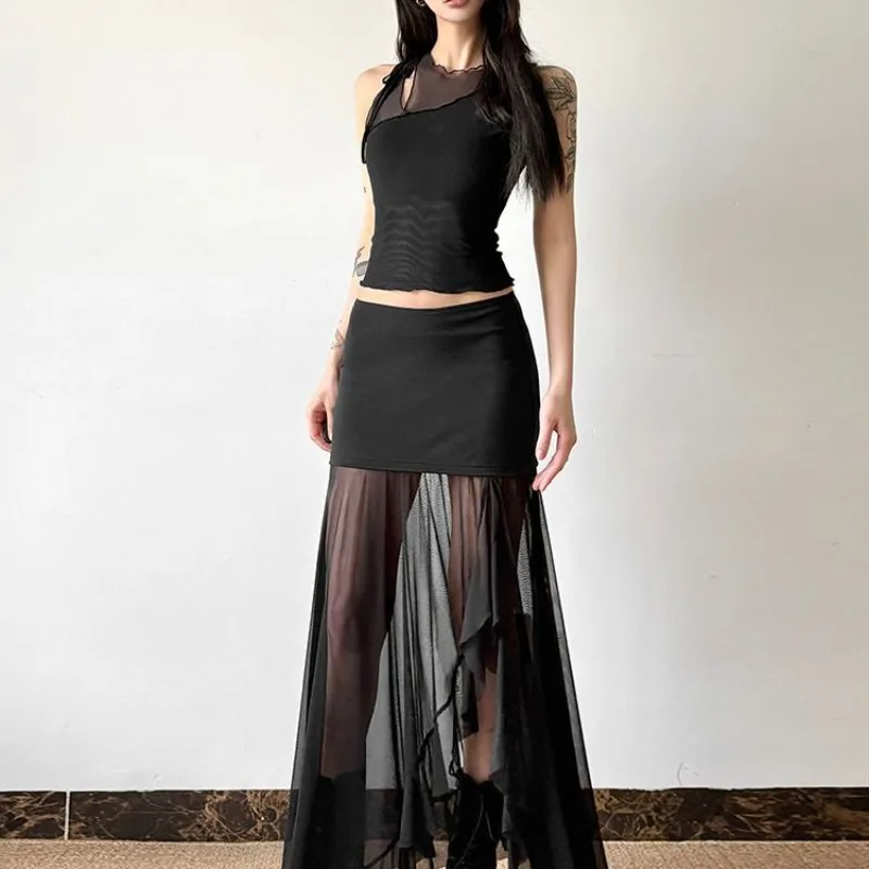 

Летние тонкие сетчатые лоскутные черные женские плиссированные юбки Y2K облегающая юбка для женщин нерегулярные субкультурные Falda сексуальные Mujer