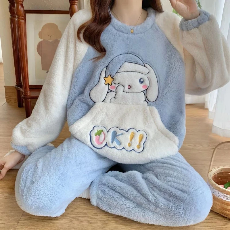 

Фланелевые повседневные уютные утепленные бархатные пижамы Pochacco с круглым вырезом для девочек, зимний теплый комплект домашней одежды с милым рисунком Cinnamoroll