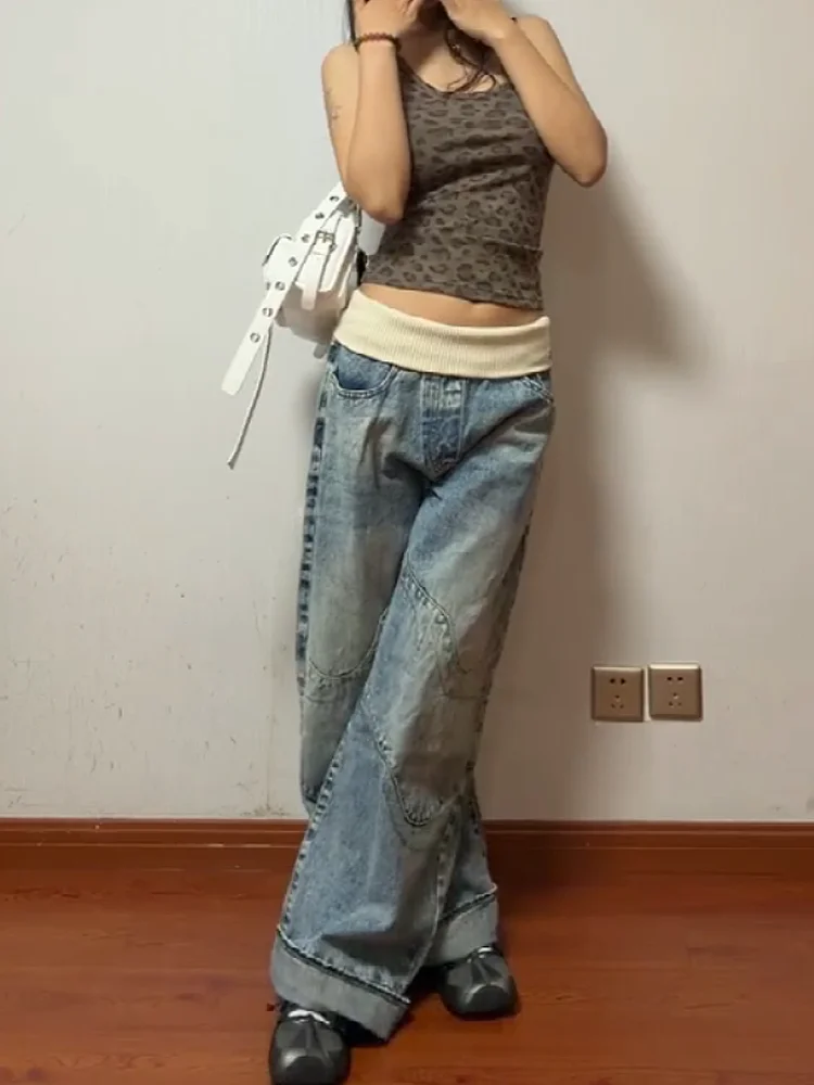 Sweet Cool Spicy Girl American Style Deconstructed Wide Leg Denim Jeans Women Summer Design Sense Flip Waist Loose Straight F...