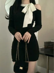Black Off Shoulder Elegant Slim Dress Women Autumn Winter 2024 New Gyaru Sexy Party Dresses Korean Fashion Bow Y2k Short Dress