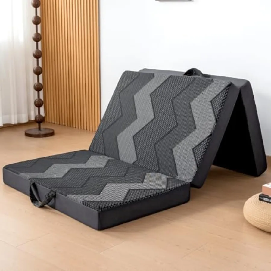 

Складной матрас односпальный - 4-дюймовый складной матрас из пены с эффектом памяти для кемпинга с портативной ручкой, нескользящий, для использования в качестве напольной кровати или дивана