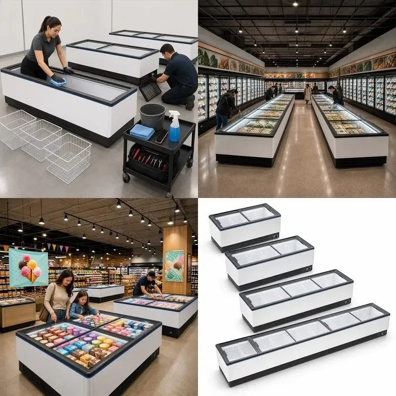 Large capacity 1000L glass top frozen food display island freezer, double tempered glass cover LED light, suitable for