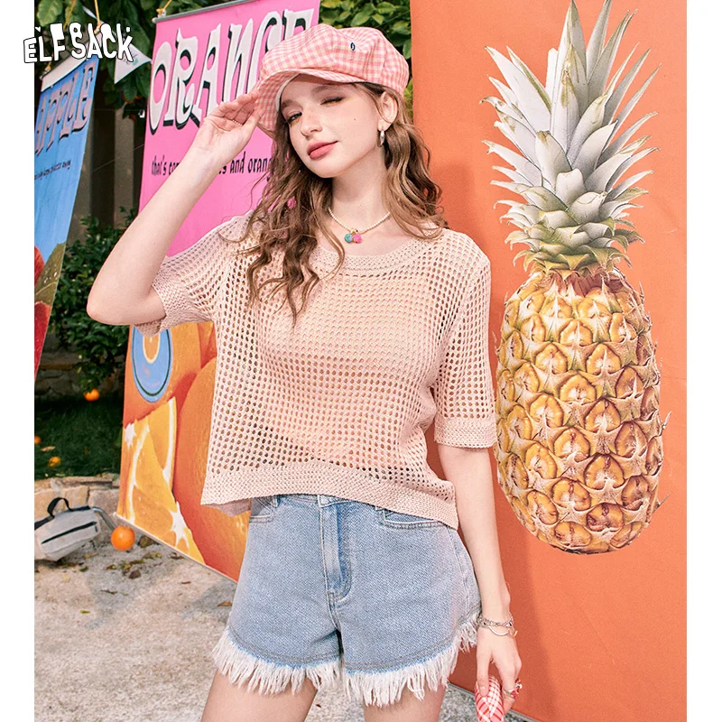 

ELFSACK 2024 summer new arrival Pink translucent suspender sweater two-piece set casual all-match hollow blouse for women