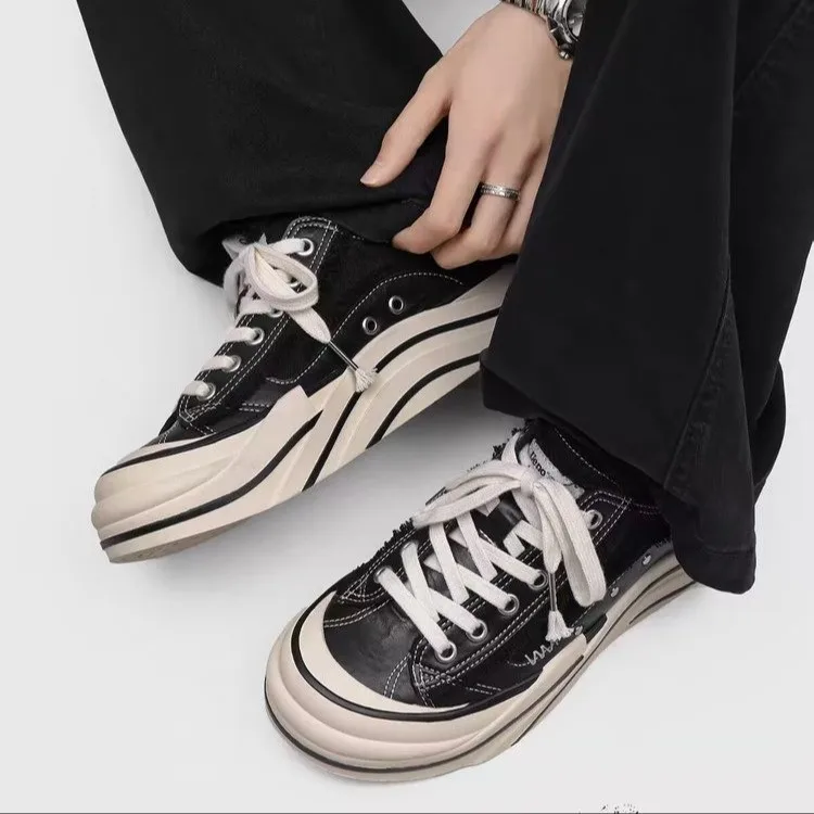 Women Frayed Edge Canvas Sneakers Lace‑Up Wavy Thick Platform Sole Round Toe Casual Shoes Multicolor Outdoor Daily Footwear