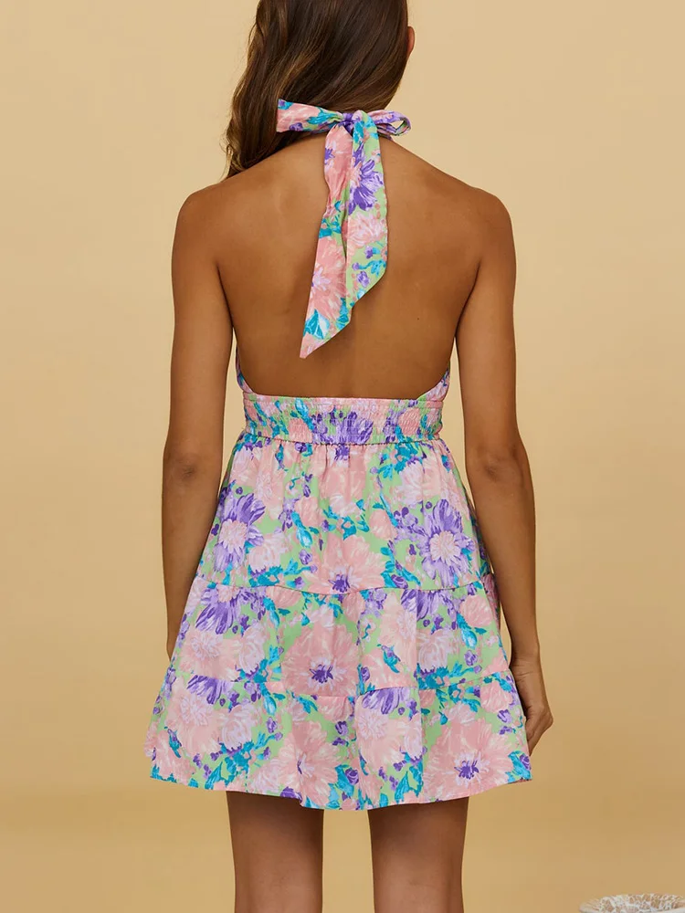 Vestido de playa de verano de vacaciones para mujer, vestido corto con estampado floral en capas y cintura elástica, vestido sin mangas con espalda descubierta sexy