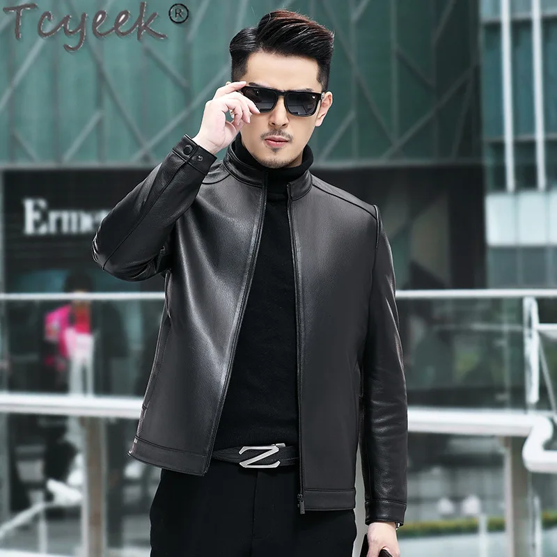 Tcyeek Genuine Leather Jacket Men Business Casual Goatskin Coat Spring Autumn Clothes Men's Leather Jackets Casaco Masculino