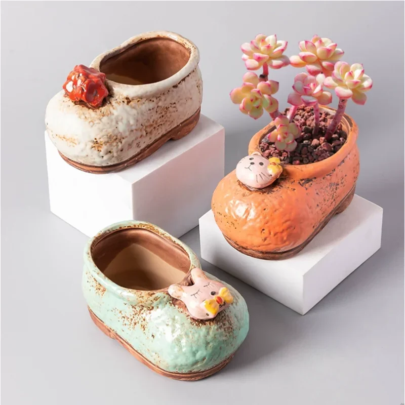 Living Room Decoration, Coarse Ceramic Vases, Hand-painted Cute Shoe Flower Pots, Indoor Balcony Succulent Plant Flower Pots