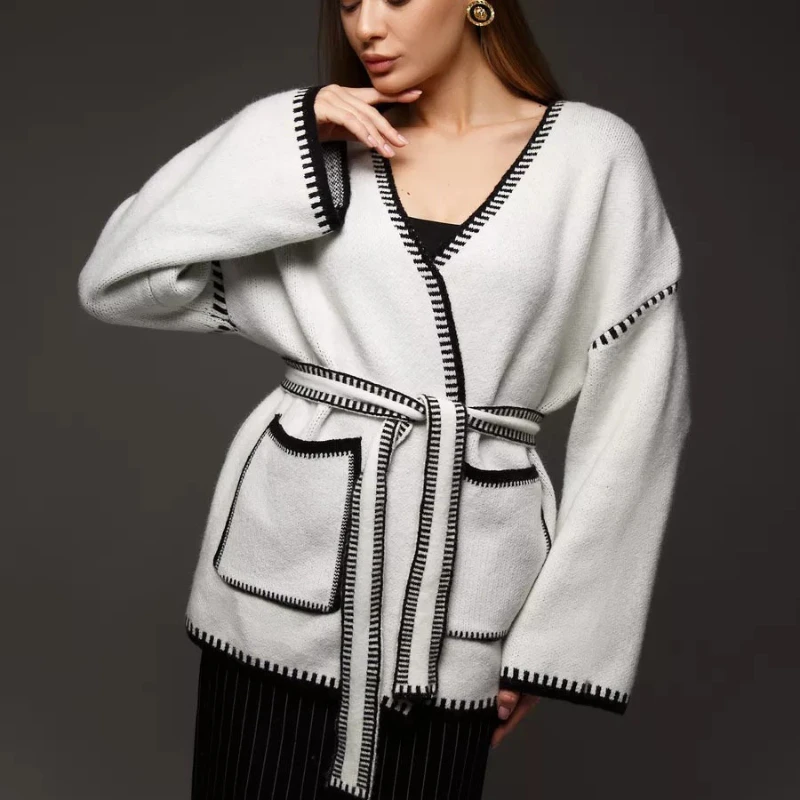 

Korean Fashion Long Sleeve Chic Design Knitted Loose Sweater Cardigan Tops Women V-neck Knit Wears Lace Up Sueter Coats