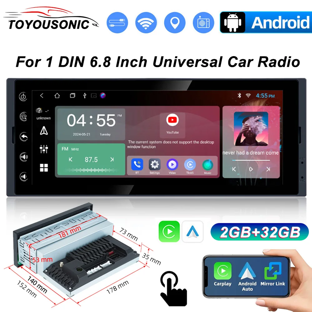 

TOYOUSONIC 1Din CarRadio 6.8'' Touch Screen Carplay Android Auto Mirror Link BT DSP WIFI Autoradio Multimedia Player Car Stereo