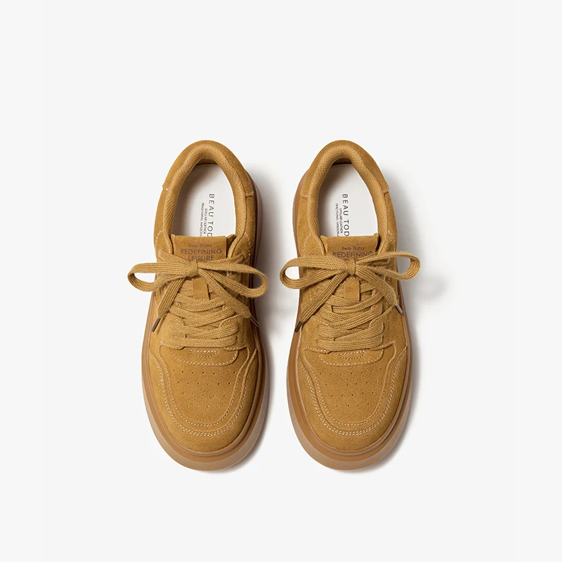 BEAUTODAY Suede Sneakers Vintage Women Cow Leather Platform Breathable Female Lace Up Shoes Handmade 29762