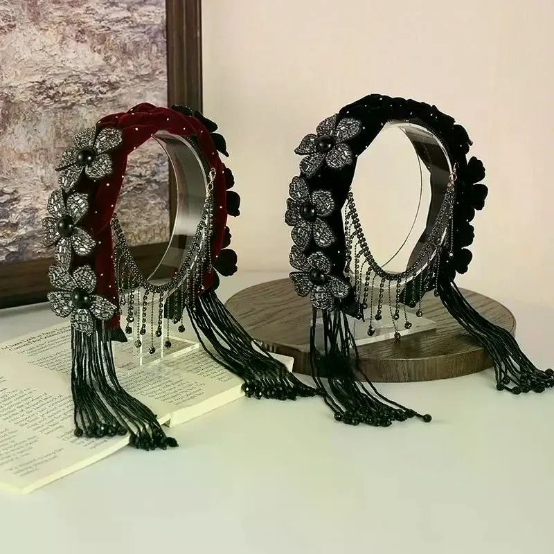 

Korean Style Braid Flower Hair Hoop Exquisite Rhinestone Wide Hair Band Shiny With Tassel Party Celebration Tiara Holiday Decor