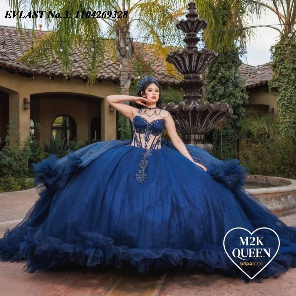 فستان Quinceanera لامع باللون الأزرق الداكن مخصص من EVLAST مزين بالخرز مع فيونكة متدرجة حلوة 16 فيستدوس دي 15 أنوس E3Q622