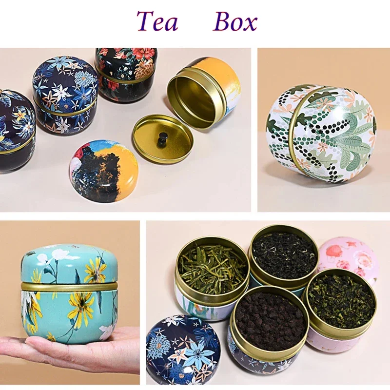 Tea Box  Tinplate Caddy Household Portable Sealed Tea Packaging Box  Japanese Style Flower Tea Round Small Tin Containers