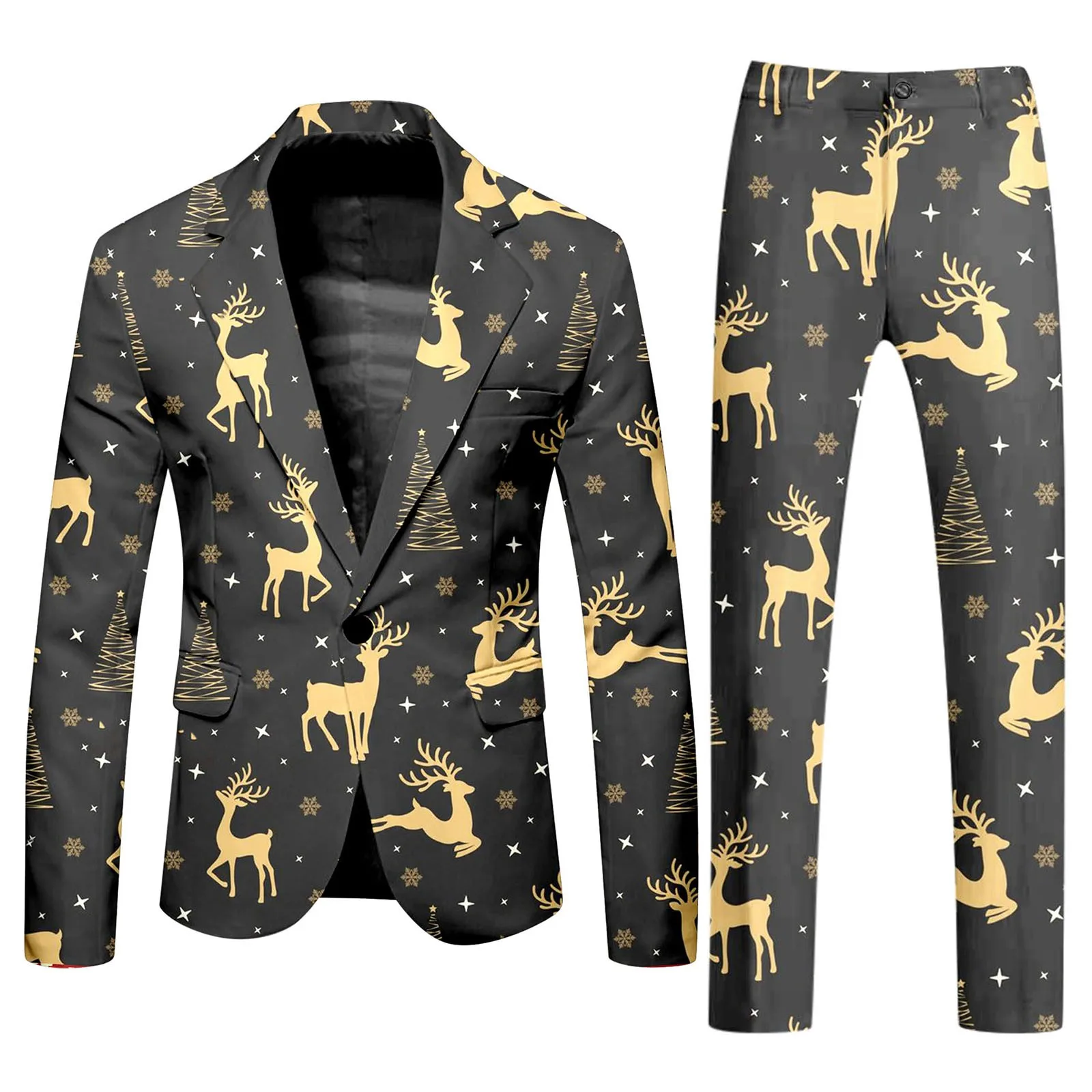 Print Reindeer Men Christmas Blazer Fashion Leisure Slim Fit Pocket Suit Jacket Casual British Style Lapel Collar Elegant Blazer