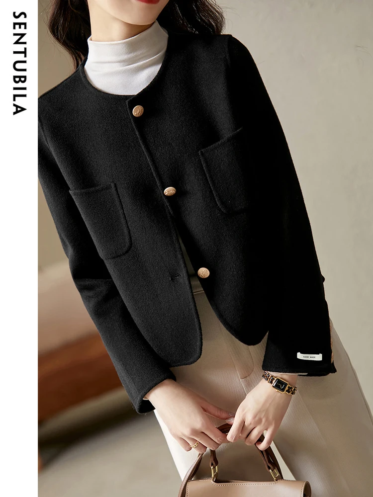 SENTUBILA 100% Wool Coat Woman 2024 Autumn Winter Elegant Single Breasted Round Neck Straight-cut Short Wool Jackets Outerwear