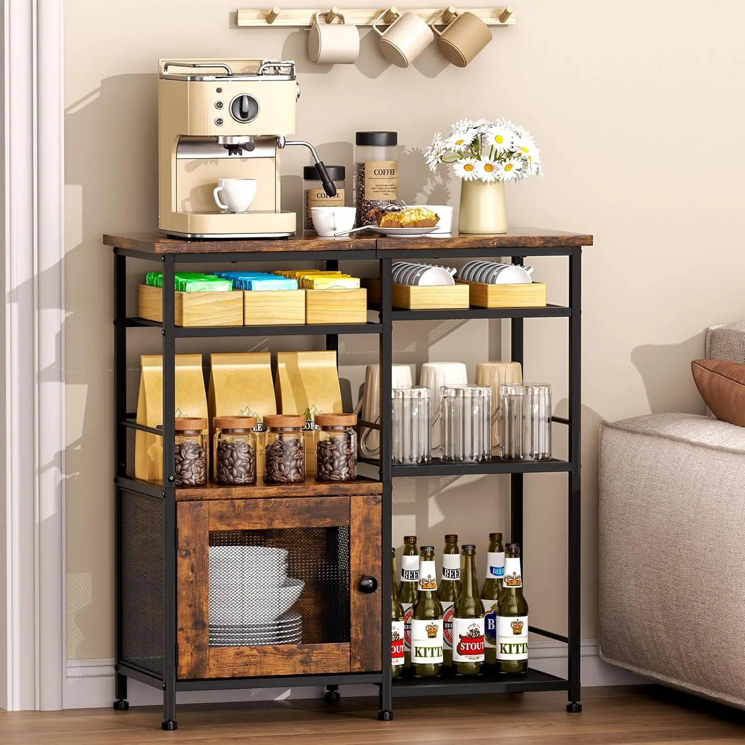 

Coffee Bar Cabinet Station - Farmhouse Small Coffee Stand Station with Doors, Rustic Storage Organizer for Kitchen, Buffet