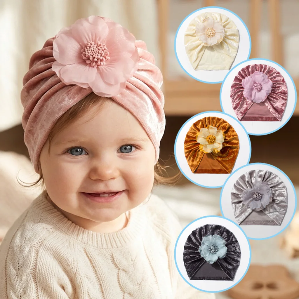 Solid Velvet Baby Beanie Turban Hat With 3D Flower Soft Elastic Newborn Girls Fashion Head Wrap For Holiday Photoshoot