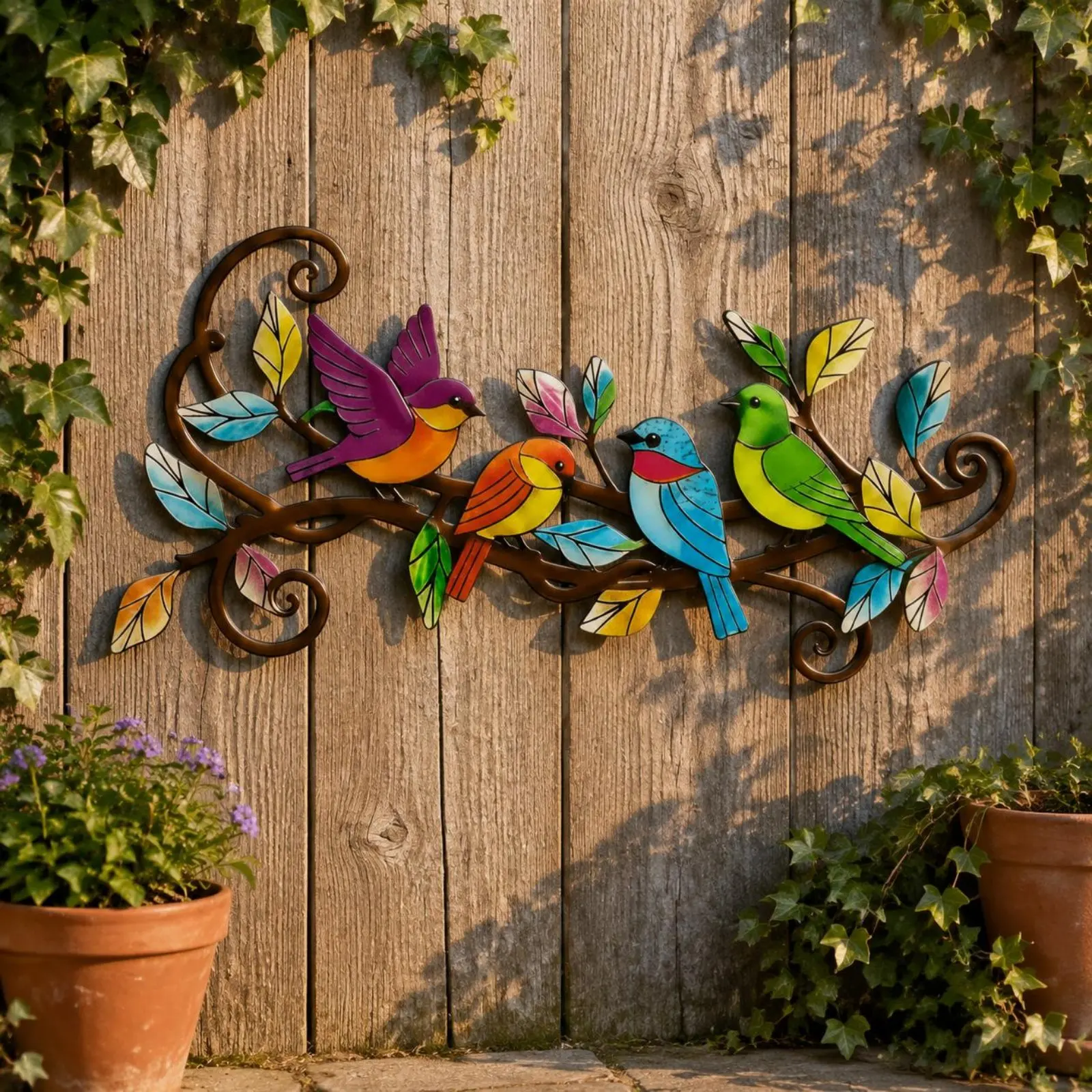Metal Bird Wall Art Weather Resistant Bird Branch Wall Decor Silhouette Design Handmade Look for Fence, Courtyard